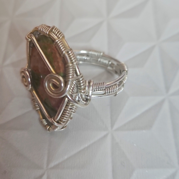 Unakite Gemstone Ring Wrapped In Silver Wire, Sz 8 - Picture 3 of 5